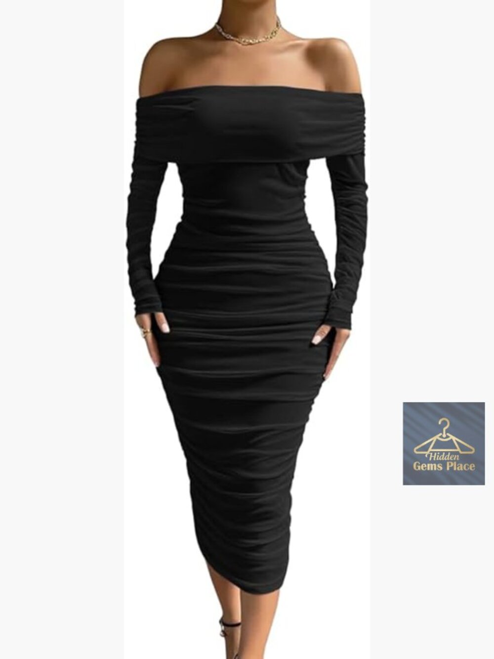 Off Shoulder Long Sleeve Bodycon Ruched Midi Dress Cocktail Party